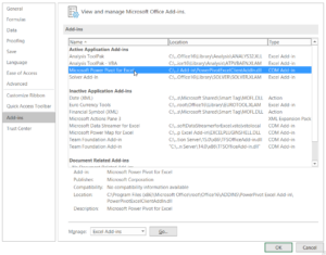 add-in window in Excel options with PowerPivot add-in highlighted