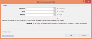 D Sum function arguments window in Excel