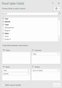 PivotTable Fields being checked off and Sum of sales in the Aggregate value