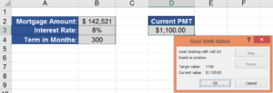 Goal Seek window show casing $142,521 mortgage with payments of $1,100, interest rate of 8% over a term of 300 months.