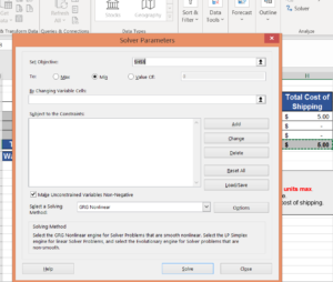 Solver parameters window being filled in.