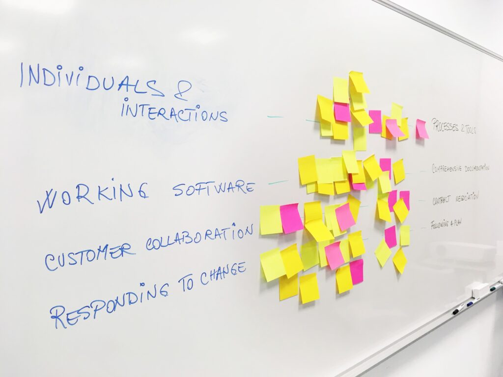 whiteboard-with-stickies-on-it-to-showcase-agile