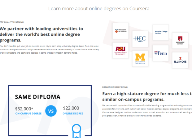 Coursera screen shot of accolades and how much you'll save if you do an online degree