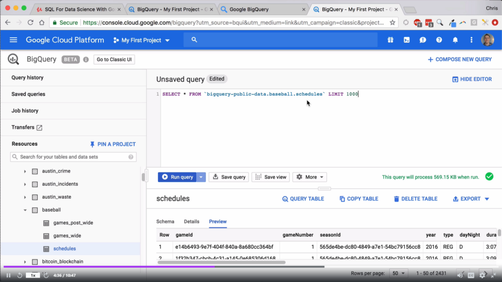 Running a query on bigquery on Chris Levy's SQL course.