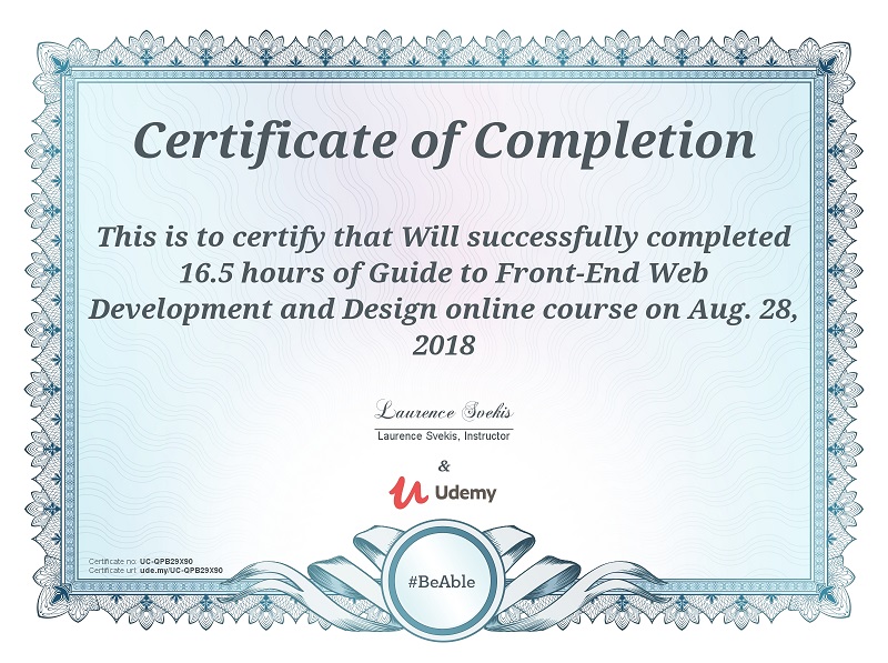 Udemy Certificate of completion for Front-end web development.