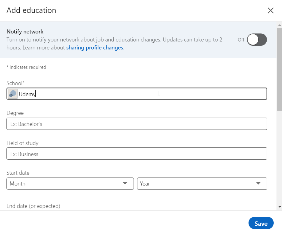 Udemy doesn't show up under education in LinkedIn