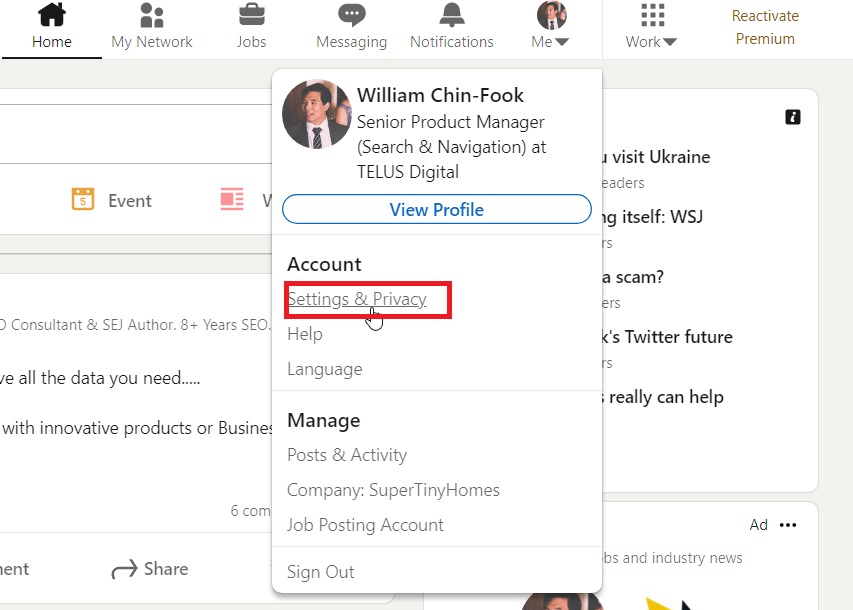 LinkedIn options toggle on the home dashboard