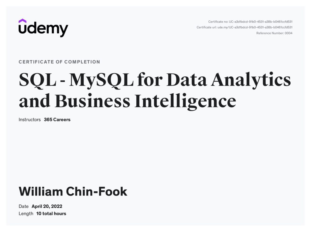 Udemy certificate for MySQL for data analytics and business intelligence done by William Chin