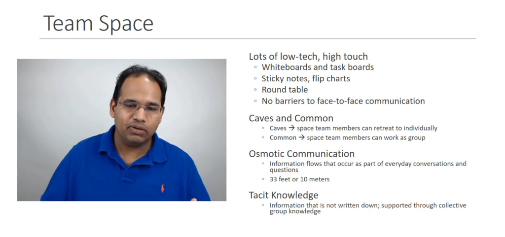 Andrew Ramdayal explaining team spaces, caves and commons, osmostic communication. 